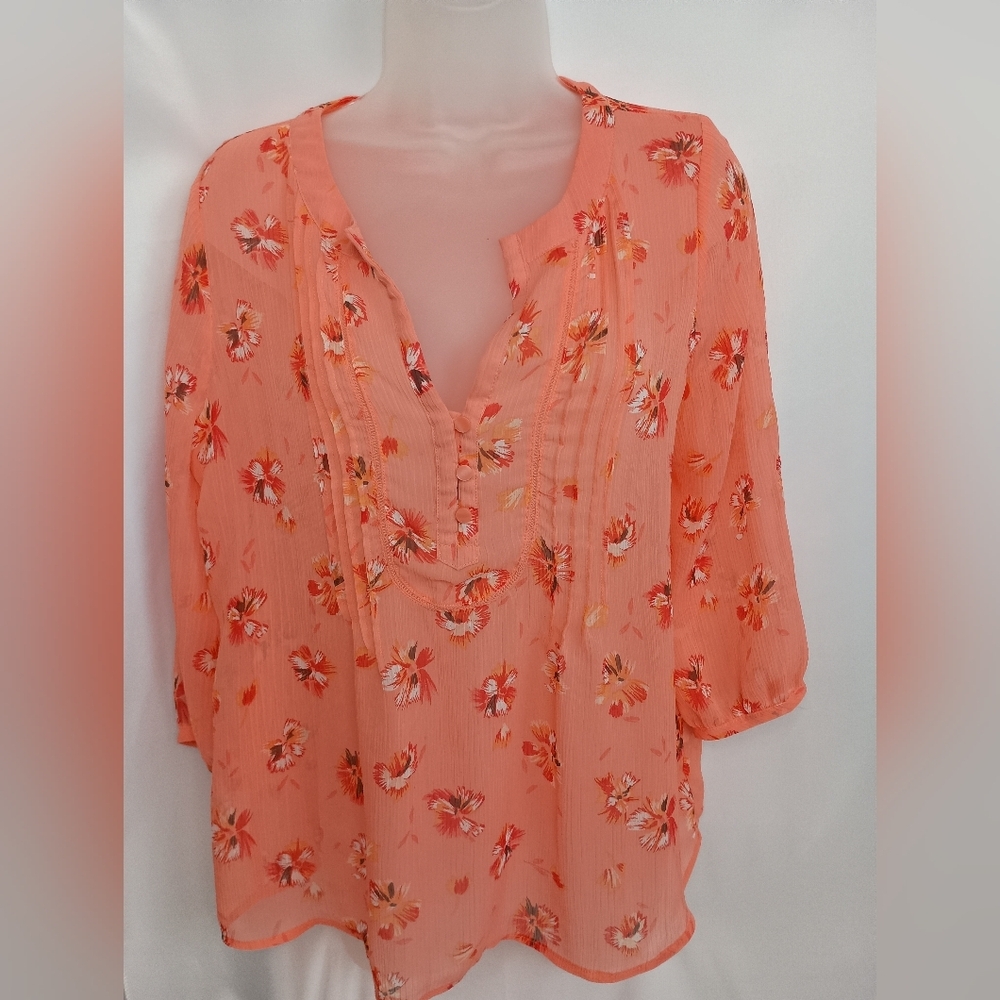 ST JOHNS BAY Coral Orange Long sleeve Boho Floral Blouse‎ Size S